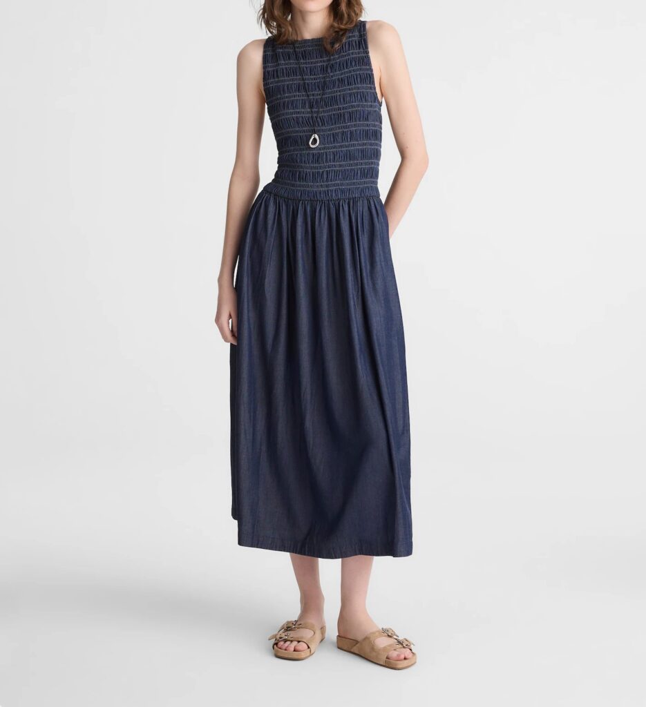 Denim Smocked Boatneck Midi Dress