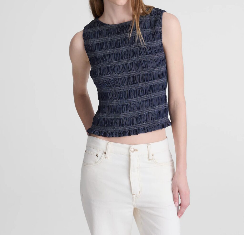 Denim Smocked Boatneck Tank