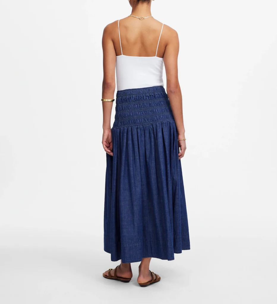 Denim Smocked-Waist Midi Skirt - hover