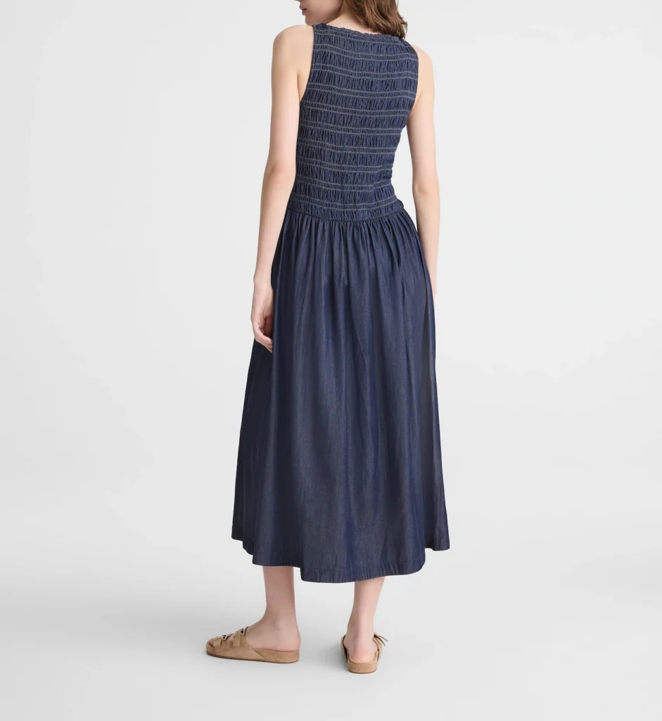 Denim Smocked Boatneck Midi Dress - hover